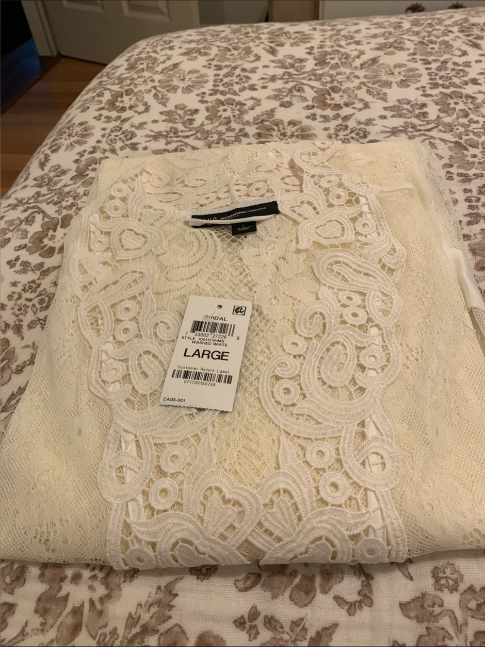 INC International Concepts Cream Lace-Trim Knit Blouse - Large